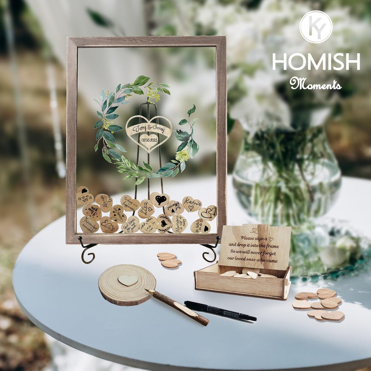 Y&K Homish Wedding Guest Book Alternative , Rustic Wedding Decorations for Reception , Favors for Guests 80 Hearts Green Wreath (Transparent &Brown)
