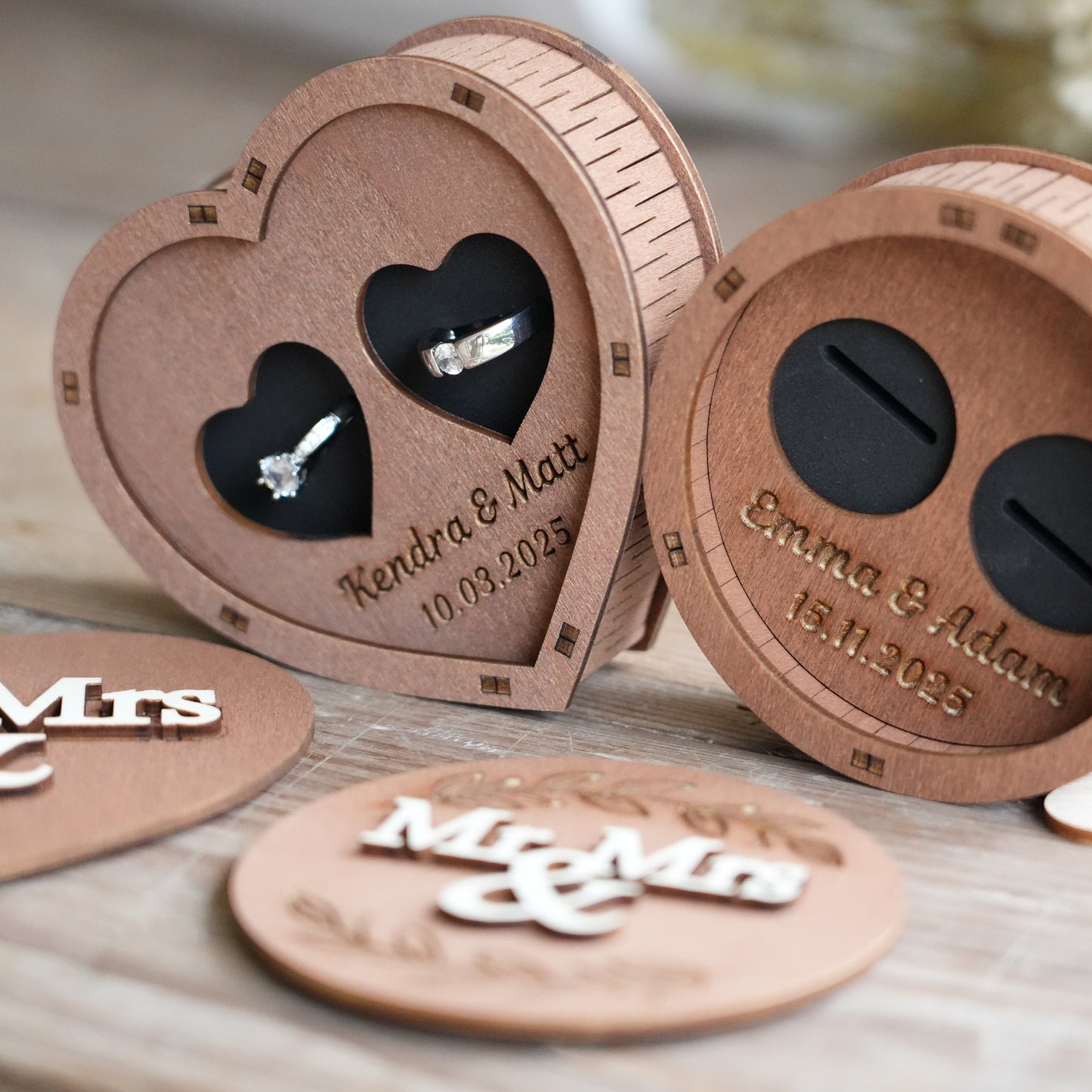Custom Ring Box,Wooden Wedding Ring Box,Round And Heart Ring Bearer, Proposal &Anniversary Gift, Wedding Ceremony Ring Holder
