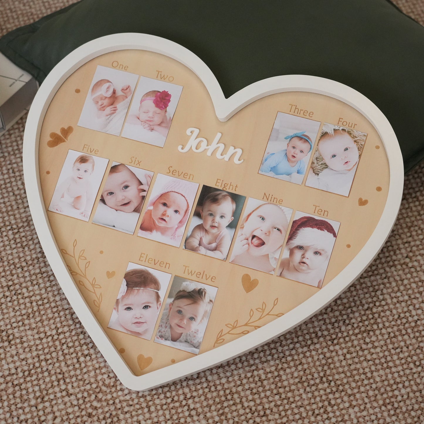 Personalized Baby 12 Monthly Photo Frame,Wooden Heart Photo Frame,Monthly Newborn Pictures, Wall Hanging,Baby First Year Picture Frame
