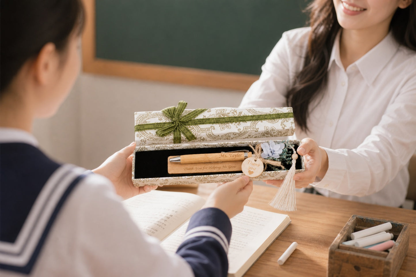 Custom Engraved Wooden Writing Set | Personalized Pen & Bookmark, Teacher Thank You Gift "Thank You for Helping Me Grow", Ready Gift Box