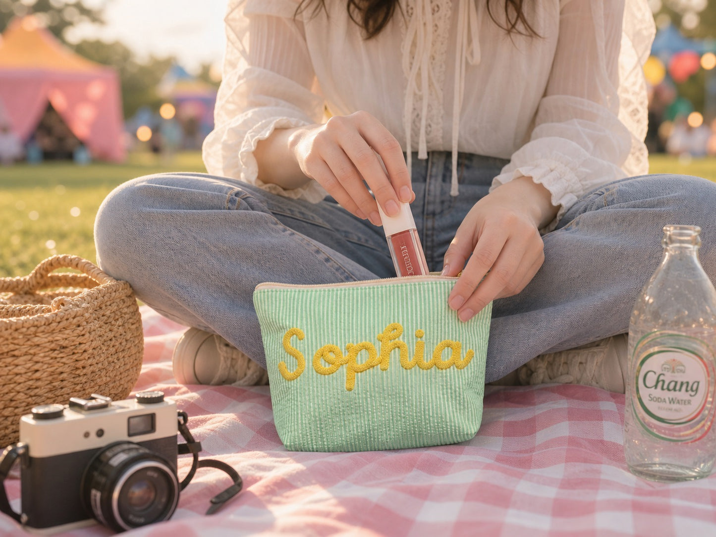 Custom Makeup Bag,Seersucker Cosmetic Pouch, Chenille Name Makeup Bag,Bag For Travelling, Gifts For Girlfriend