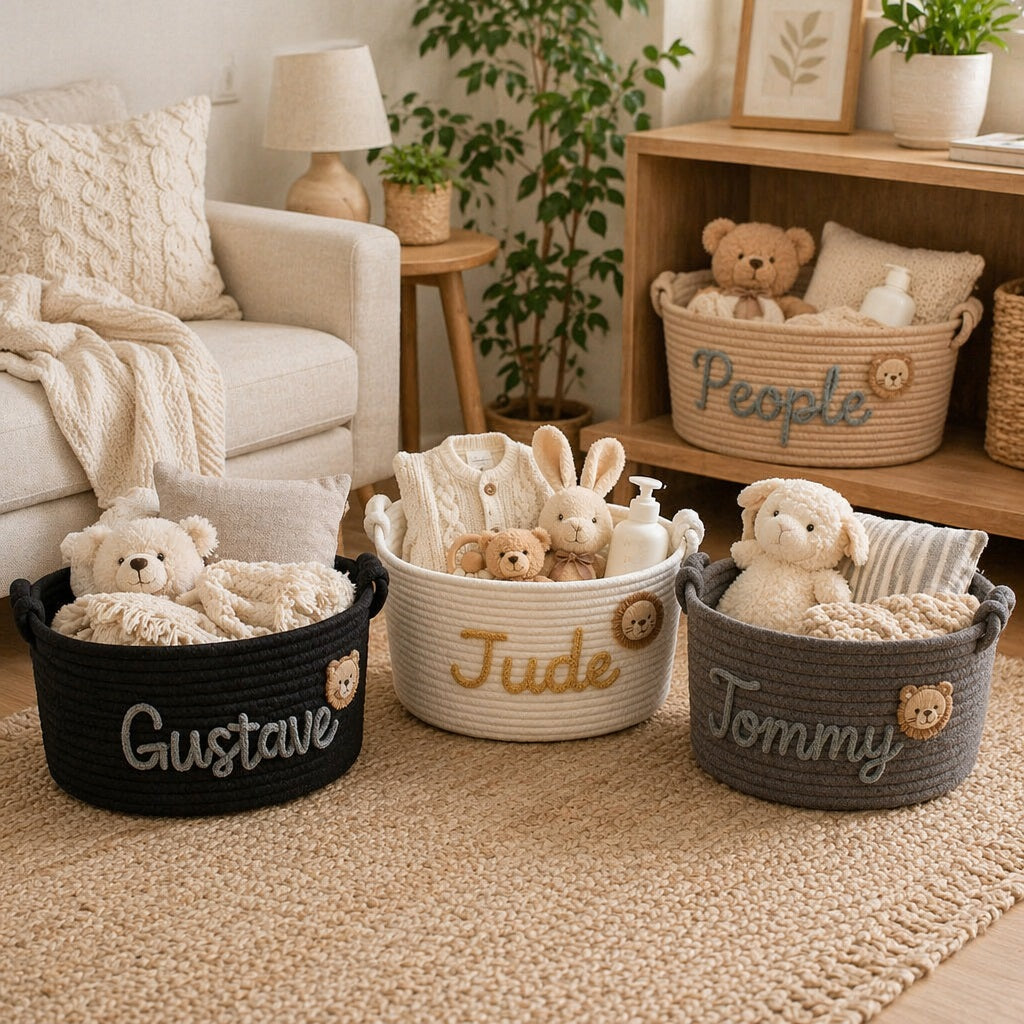 Personalized Rope Baby Storage Basket, Custom Nursery Organizer Bin, Baby Shower Gift Basket for Neutral Nursery Decor