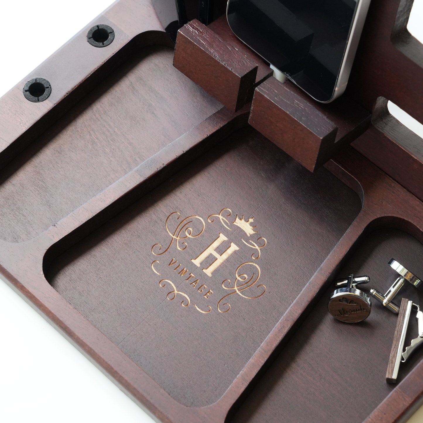 Personalized Wooden Phone Docking Station,Engraved Desk Organizer,Phone Stand,Men’s Gift,Docking Station for Cell Phone, Tablet, Wallet, Gadgets, Watch, Keys