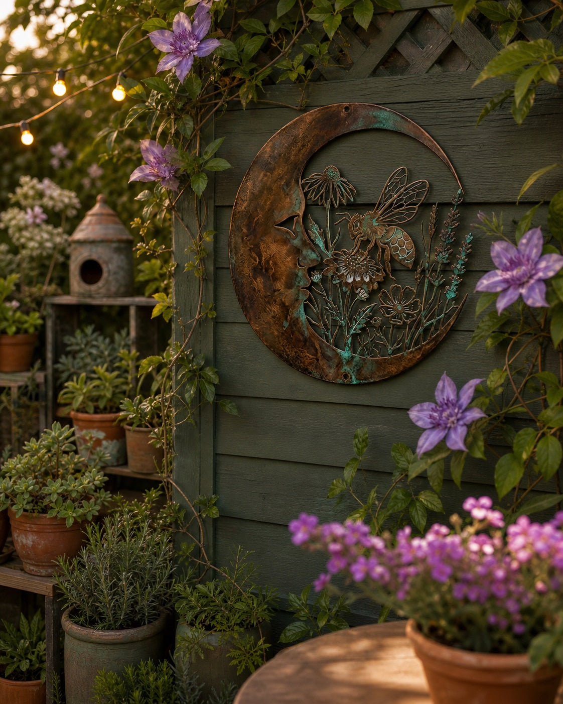 Crescent Moon & Bee Metal Wall Sign, Wildflower Floral Garden Art, Rustic Weatherproof Outdoor Hanging Wall Decor for Patio Yard Porch