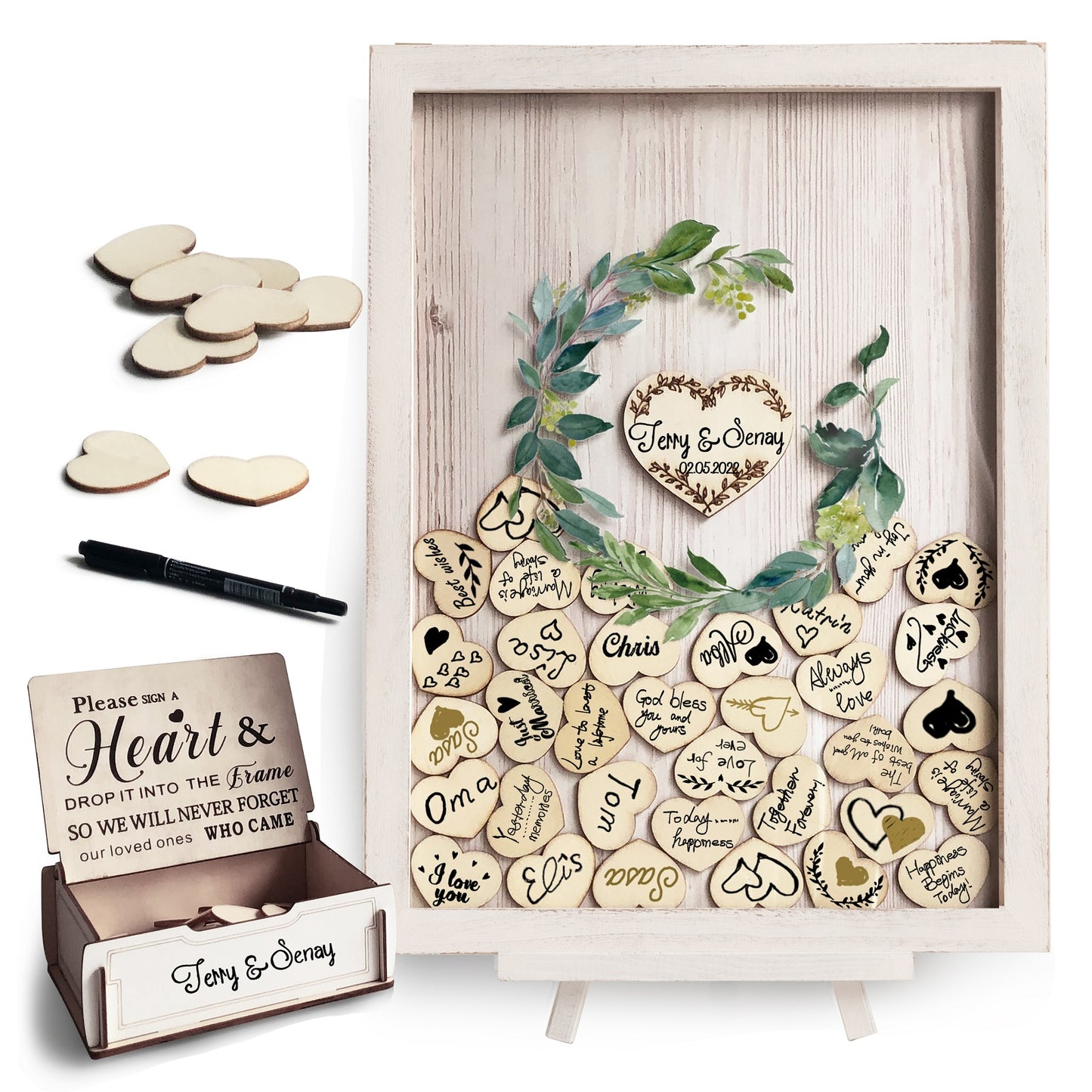 Personalized Acrylic Wedding Guest Book With Garland, Wedding Sign Bundle Set Of Guestbook,Rustic Heart Drop Box,Gift For Couple