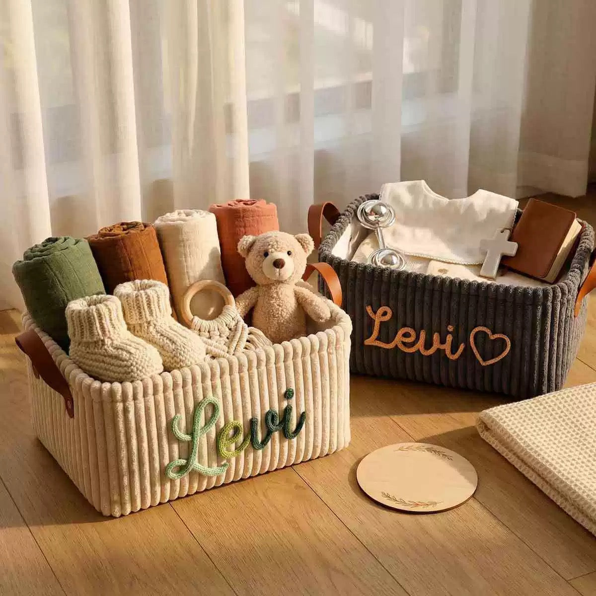 Cream Plush Corduroy Storage Basket with Faux Leather Handles |  Neutral Home Organizer Bin | Boho Nursery and Closet Storage