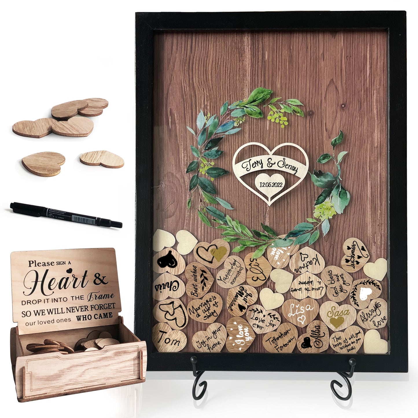 Personalized Acrylic Wedding Guest Book With Garland, Wedding Sign Bundle Set Of Guestbook,Rustic Heart Drop Box,Gift For Couple