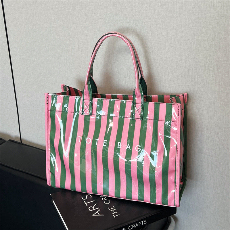Retro Pink Dark Green Vertical Stripe PVC Tote Bag, Glossy Clear Vinyl Waterproof Shopper Bag, Structured Stand Up Top Handle Handbag, Y2K Preppy Beach Casual Shopping Bag