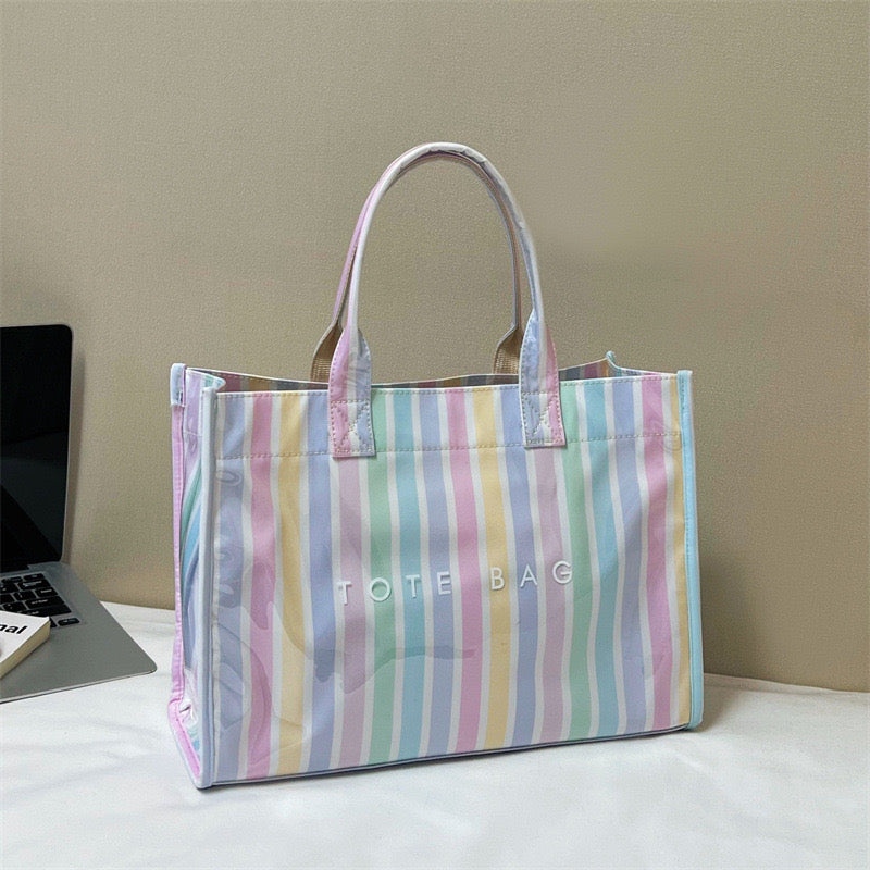 Retro Pink Dark Green Vertical Stripe PVC Tote Bag, Glossy Clear Vinyl Waterproof Shopper Bag, Structured Stand Up Top Handle Handbag, Y2K Preppy Beach Casual Shopping Bag