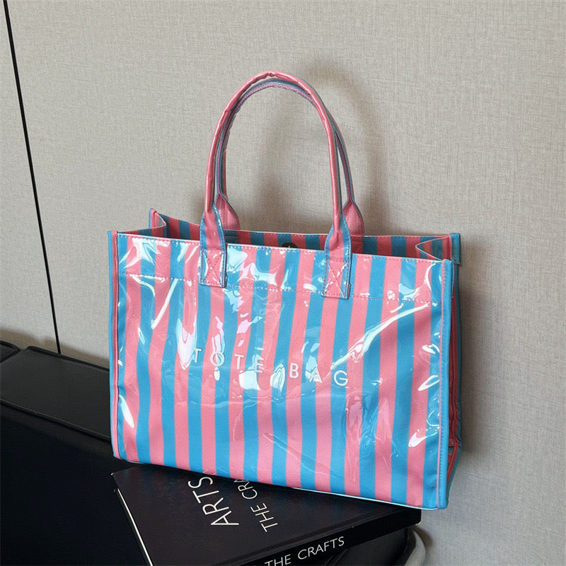 Retro Pink Dark Green Vertical Stripe PVC Tote Bag, Glossy Clear Vinyl Waterproof Shopper Bag, Structured Stand Up Top Handle Handbag, Y2K Preppy Beach Casual Shopping Bag