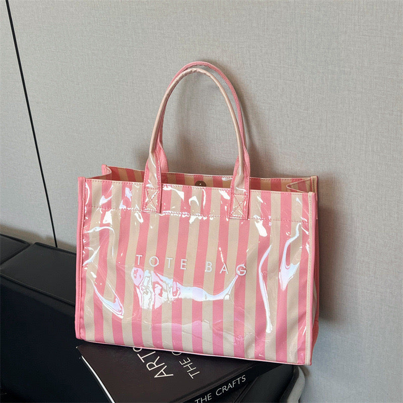 Retro Pink Dark Green Vertical Stripe PVC Tote Bag, Glossy Clear Vinyl Waterproof Shopper Bag, Structured Stand Up Top Handle Handbag, Y2K Preppy Beach Casual Shopping Bag