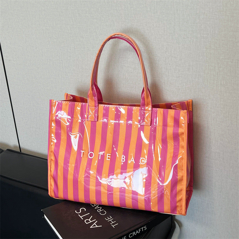 Retro Pink Dark Green Vertical Stripe PVC Tote Bag, Glossy Clear Vinyl Waterproof Shopper Bag, Structured Stand Up Top Handle Handbag, Y2K Preppy Beach Casual Shopping Bag