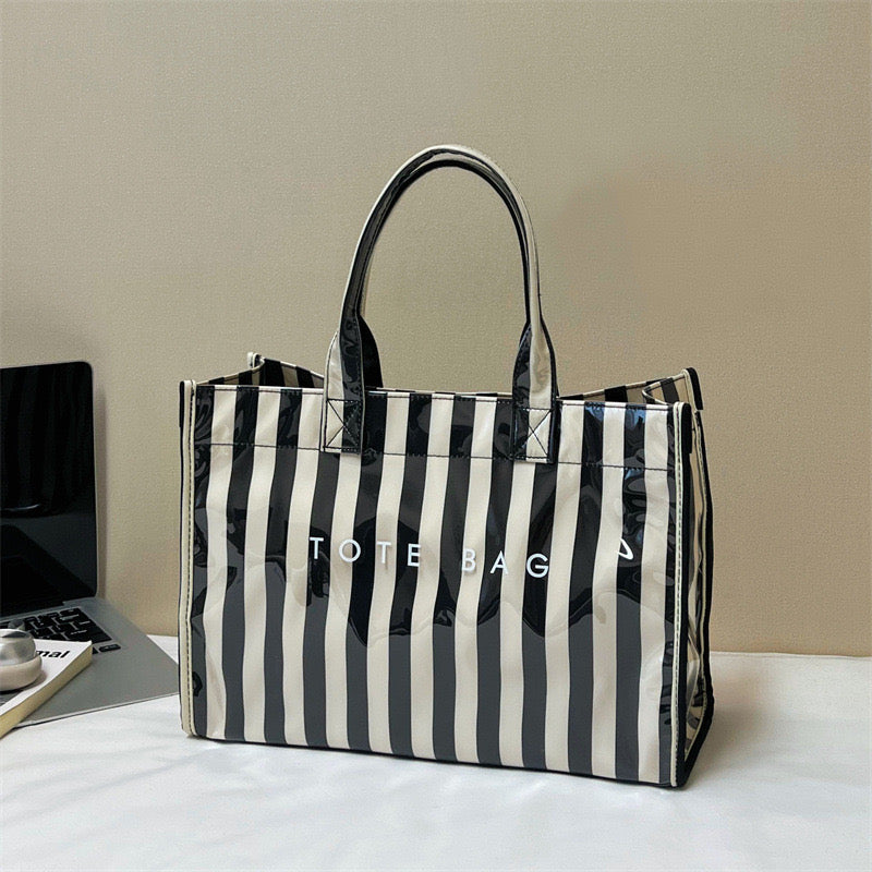 Retro Pink Dark Green Vertical Stripe PVC Tote Bag, Glossy Clear Vinyl Waterproof Shopper Bag, Structured Stand Up Top Handle Handbag, Y2K Preppy Beach Casual Shopping Bag