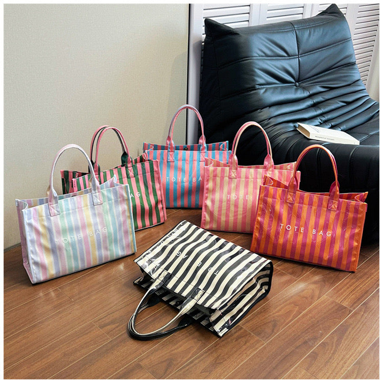Retro Pink Dark Green Vertical Stripe PVC Tote Bag, Glossy Clear Vinyl Waterproof Shopper Bag, Structured Stand Up Top Handle Handbag, Y2K Preppy Beach Casual Shopping Bag
