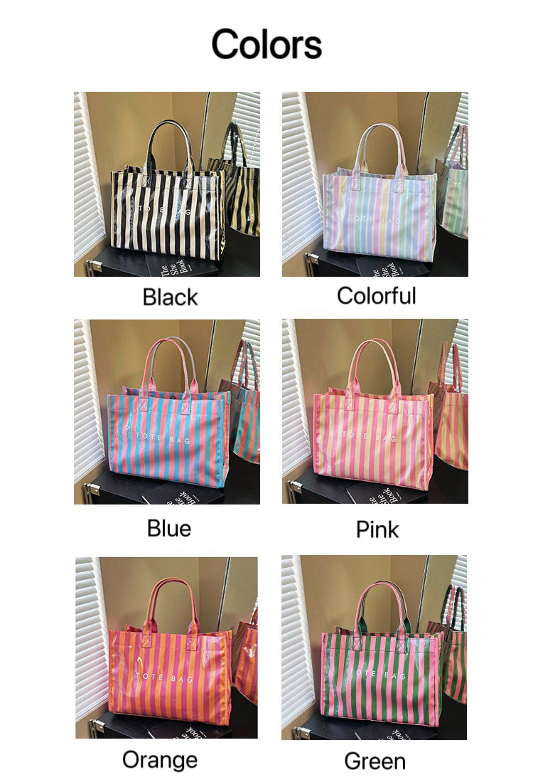 Retro Pink Dark Green Vertical Stripe PVC Tote Bag, Glossy Clear Vinyl Waterproof Shopper Bag, Structured Stand Up Top Handle Handbag, Y2K Preppy Beach Casual Shopping Bag