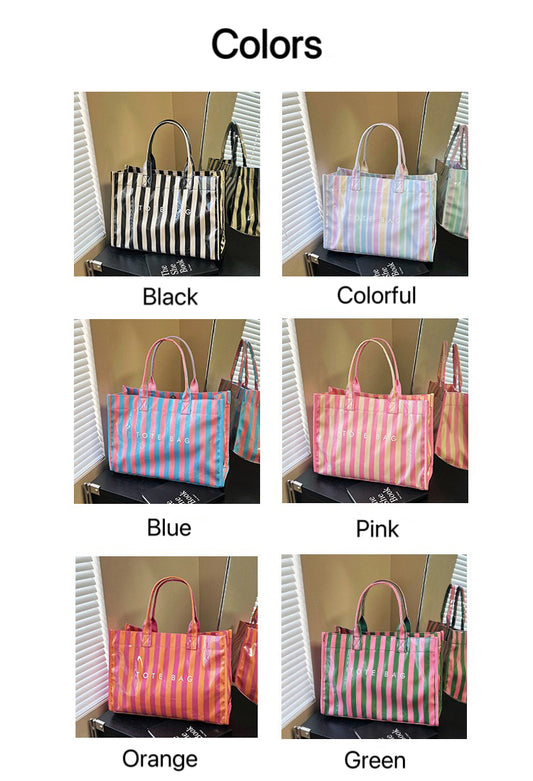 Retro Pink Dark Green Vertical Stripe PVC Tote Bag, Glossy Clear Vinyl Waterproof Shopper Bag, Structured Stand Up Top Handle Handbag, Y2K Preppy Beach Casual Shopping Bag