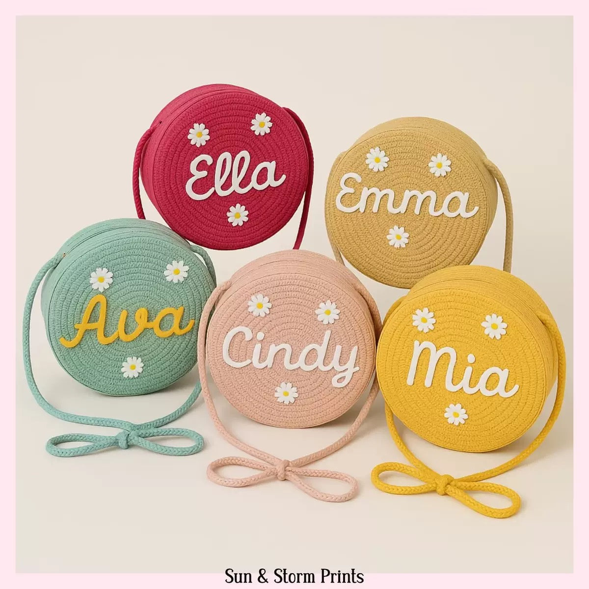 Personalized Kids Crossbody Bag, Custom Woven Daisy Purse, Flower Girl Gift, Toddler Girl Purse, Embroidered Round Bag, Little Girl Gift