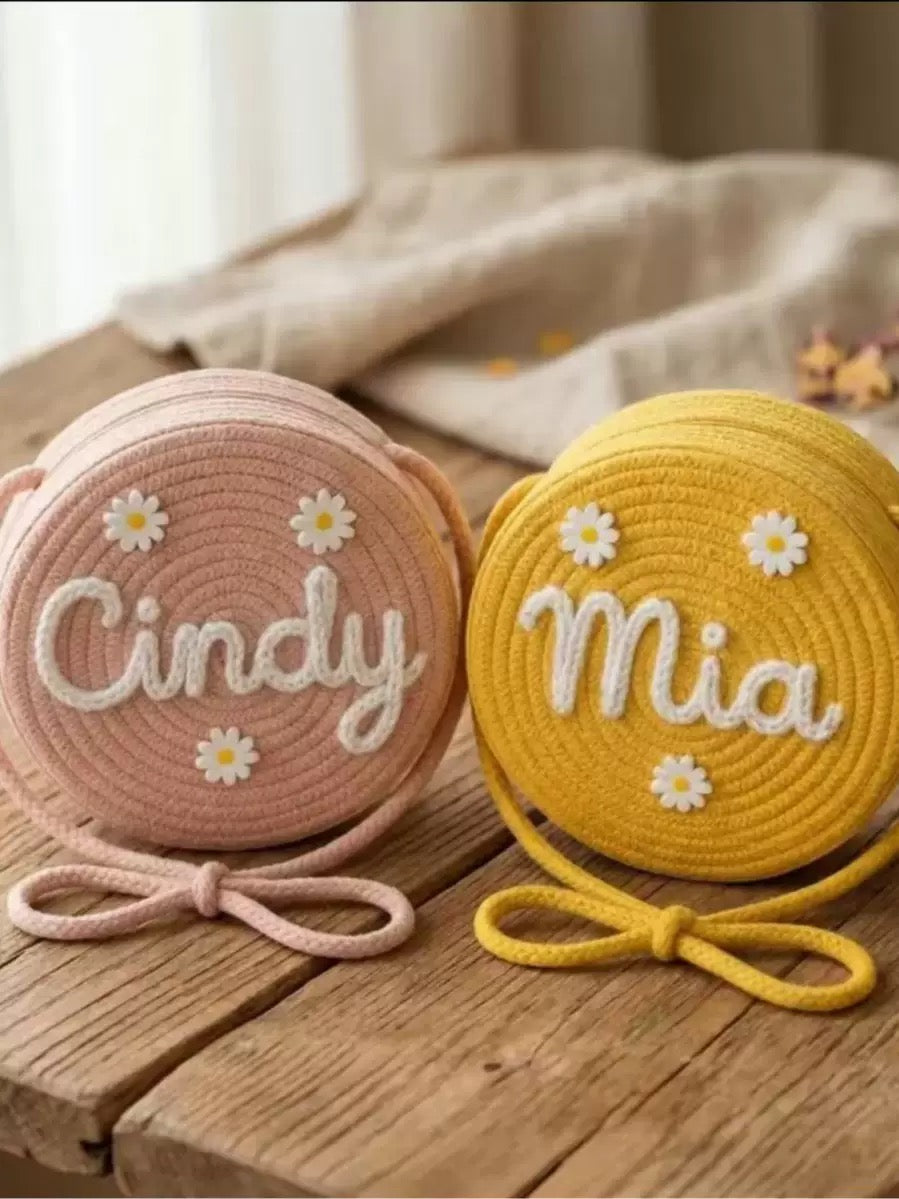 Personalized Kids Crossbody Bag, Custom Woven Daisy Purse, Flower Girl Gift, Toddler Girl Purse, Embroidered Round Bag, Little Girl Gift