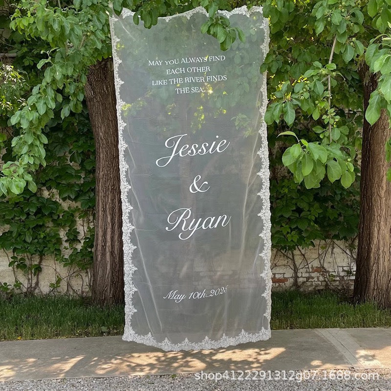 Custom Fabric Welcome Sign, Vintage Tulle Wedding Banner, Dusty Blue Wedding Welcome Sign for Bridal Shower & Engagement Party