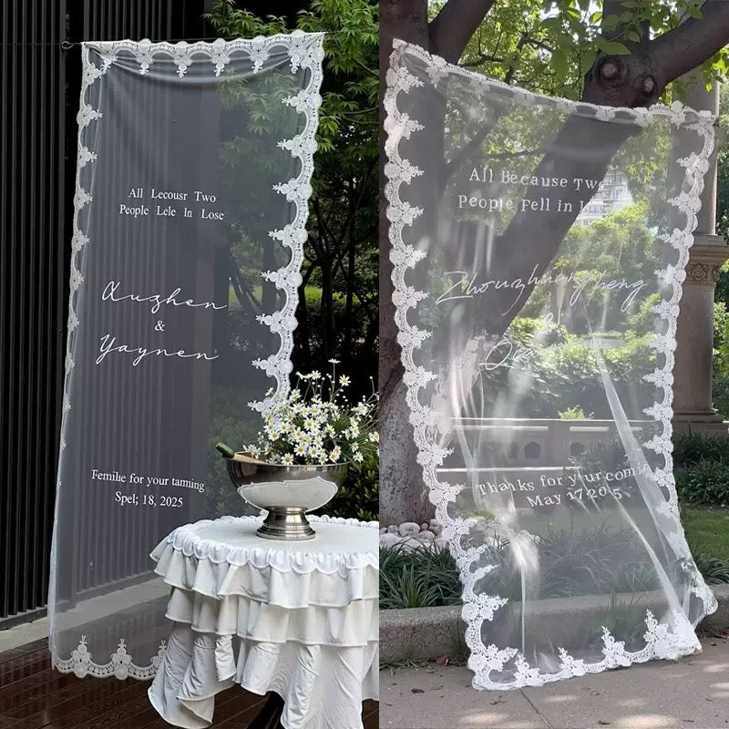Custom Fabric Welcome Sign, Vintage Tulle Wedding Banner, Dusty Blue Wedding Welcome Sign for Bridal Shower & Engagement Party