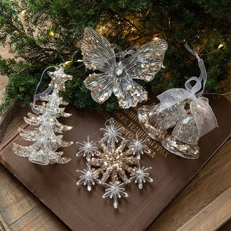 Clear Acrylic Christmas Ornaments with Champagne Gold Sequin, 6 Styles Faux Crystal Hanging Decor with White Ribbon, Snowflake Tree Reindeer Butterfly Xmas Tree Decor