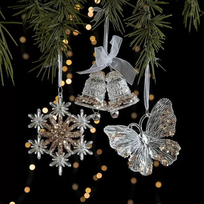 Clear Acrylic Christmas Ornaments with Champagne Gold Sequin, 6 Styles Faux Crystal Hanging Decor with White Ribbon, Snowflake Tree Reindeer Butterfly Xmas Tree Decor