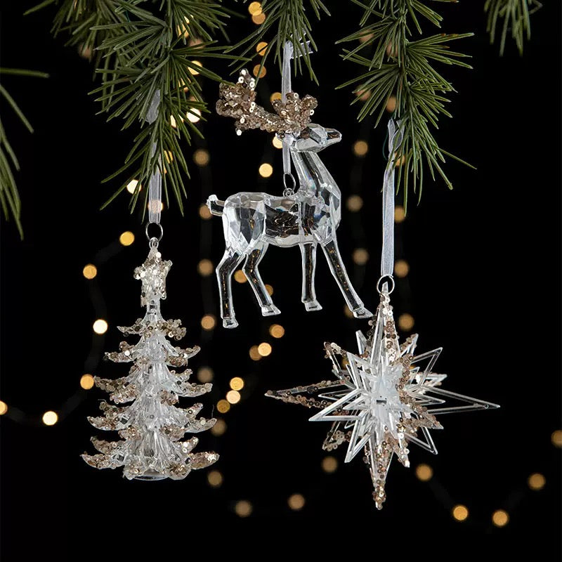 Clear Acrylic Christmas Ornaments with Champagne Gold Sequin, 6 Styles Faux Crystal Hanging Decor with White Ribbon, Snowflake Tree Reindeer Butterfly Xmas Tree Decor