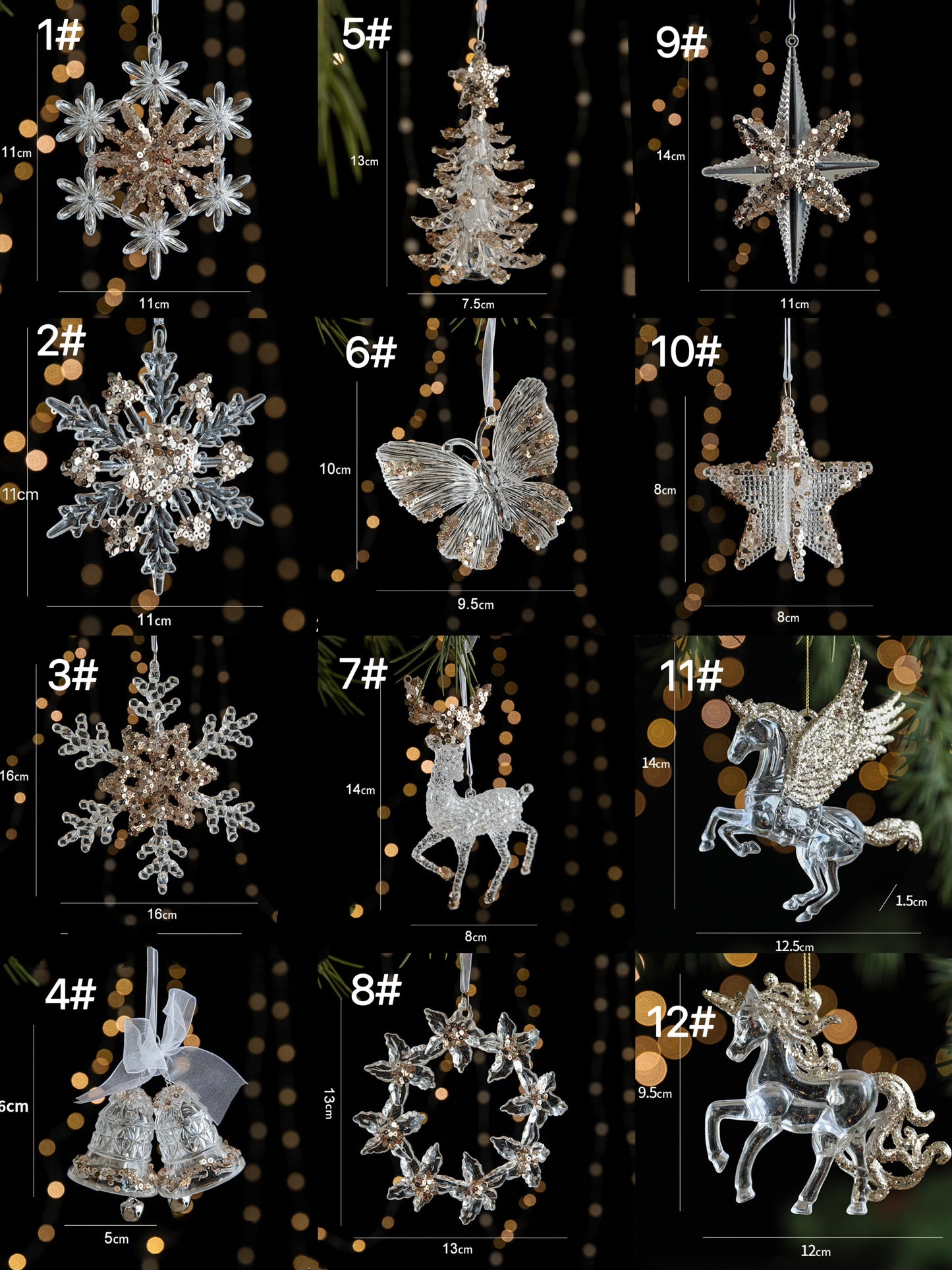 Clear Acrylic Christmas Ornaments with Champagne Gold Sequin, 6 Styles Faux Crystal Hanging Decor with White Ribbon, Snowflake Tree Reindeer Butterfly Xmas Tree Decor