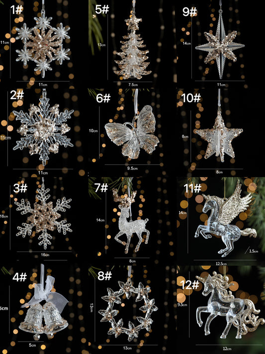 Clear Acrylic Christmas Ornaments with Champagne Gold Sequin, 6 Styles Faux Crystal Hanging Decor with White Ribbon, Snowflake Tree Reindeer Butterfly Xmas Tree Decor