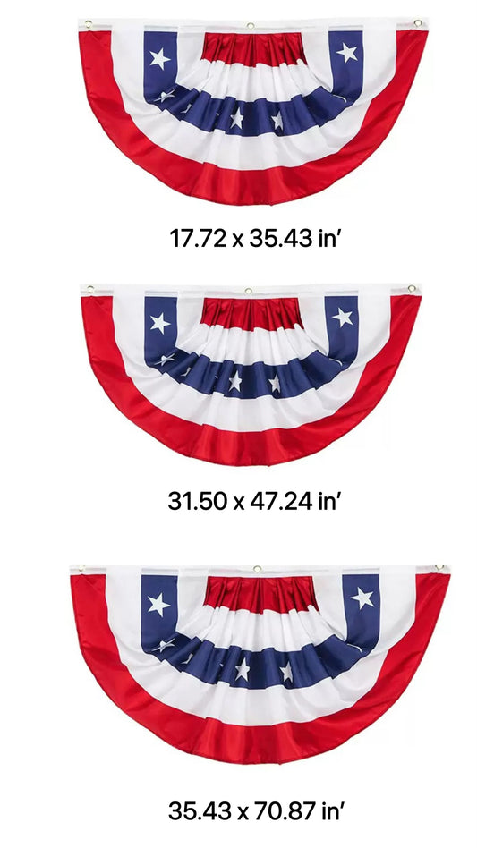 Pleated Half Fan American Flag Bunting, Red White Blue Patriotic Fan Banner with Metal Grommets, 3 Sizes Outdoor Decor for 4th of July Memorial Day Porch Fence Yard