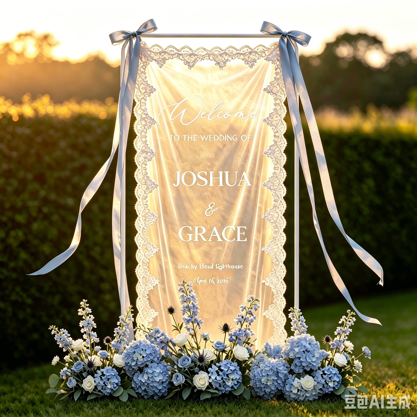 Custom Fabric Welcome Sign, Vintage Tulle Wedding Banner, Dusty Blue Wedding Welcome Sign for Bridal Shower & Engagement Party