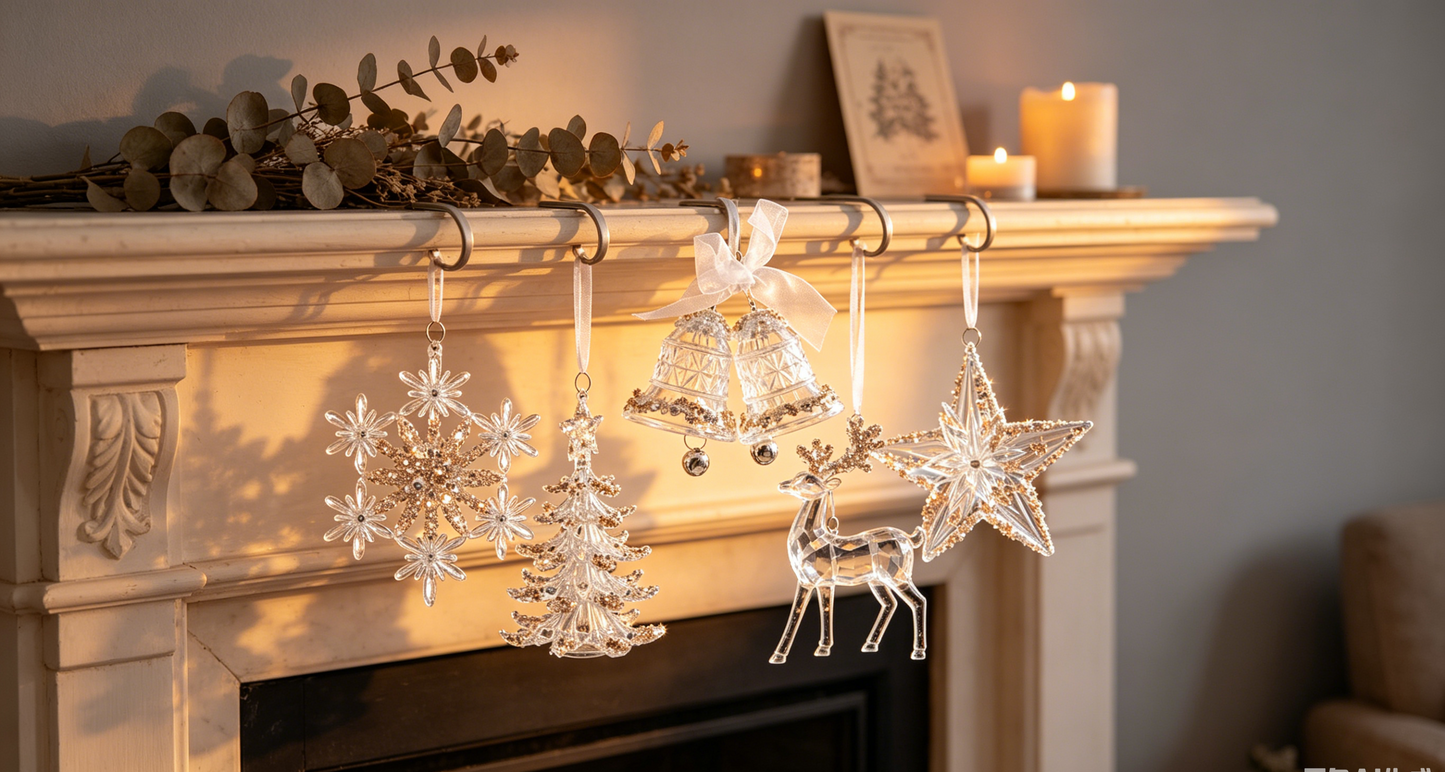 Clear Acrylic Christmas Ornaments with Champagne Gold Sequin, 6 Styles Faux Crystal Hanging Decor with White Ribbon, Snowflake Tree Reindeer Butterfly Xmas Tree Decor