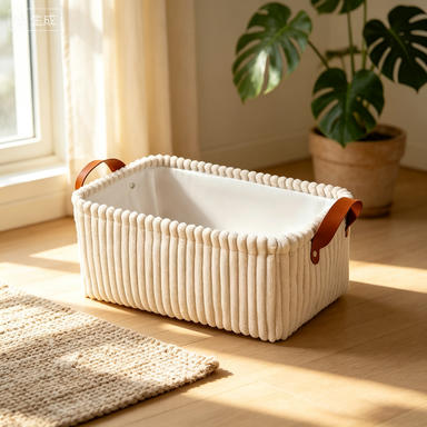 Cream Plush Corduroy Storage Basket with Faux Leather Handles |  Neutral Home Organizer Bin | Boho Nursery and Closet Storage
