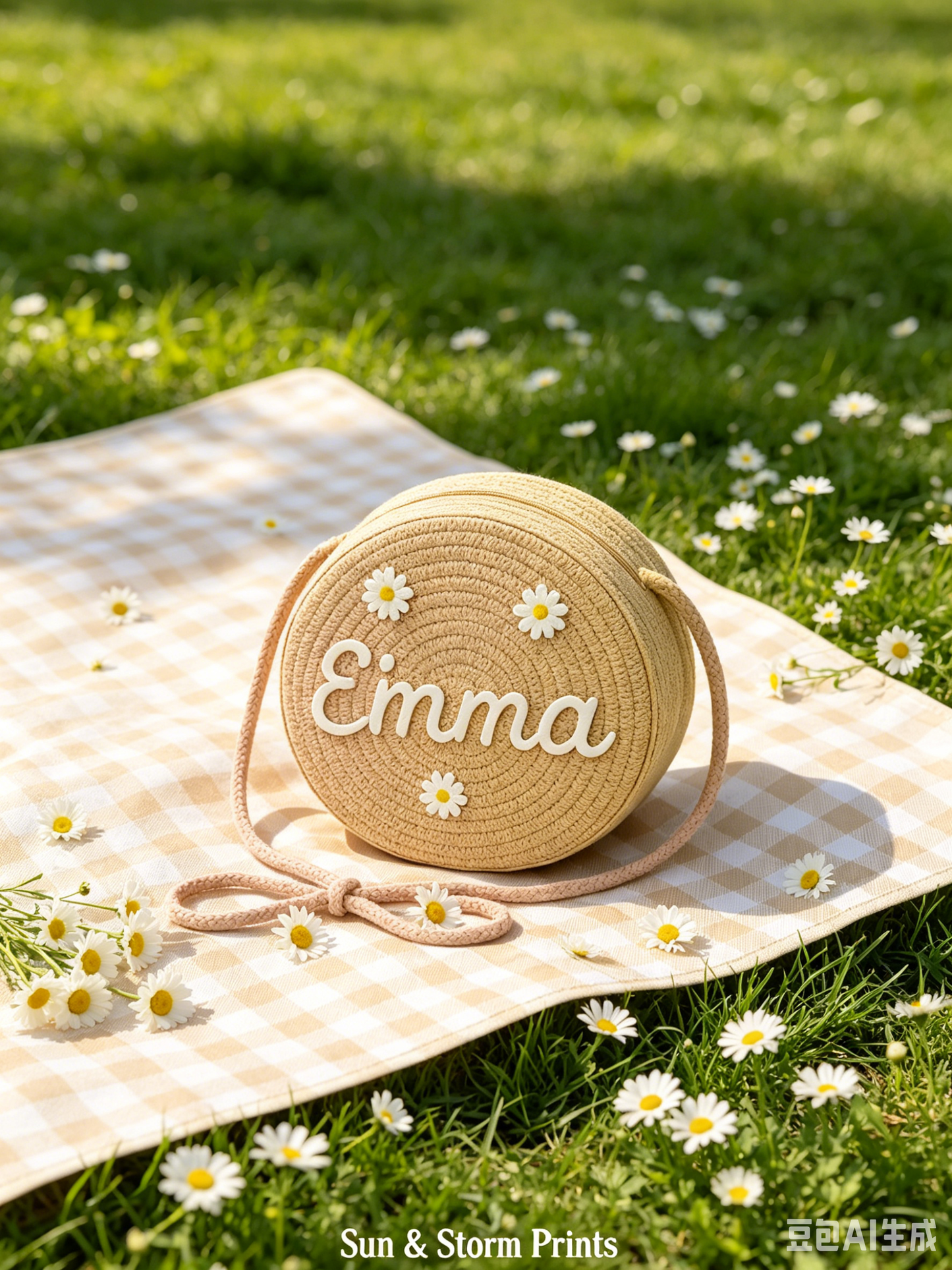 Personalized Kids Crossbody Bag, Custom Woven Daisy Purse, Flower Girl Gift, Toddler Girl Purse, Embroidered Round Bag, Little Girl Gift