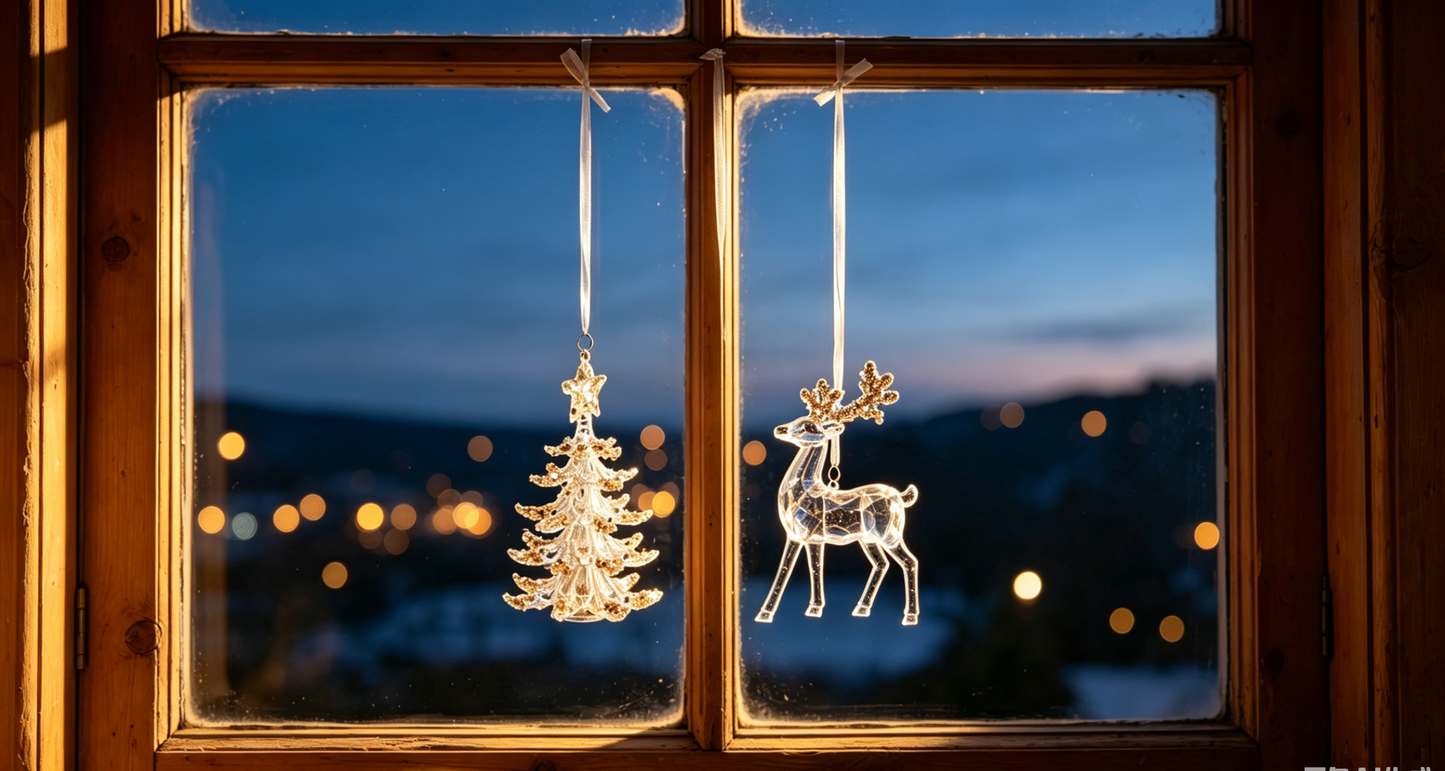 Clear Acrylic Christmas Ornaments with Champagne Gold Sequin, 6 Styles Faux Crystal Hanging Decor with White Ribbon, Snowflake Tree Reindeer Butterfly Xmas Tree Decor