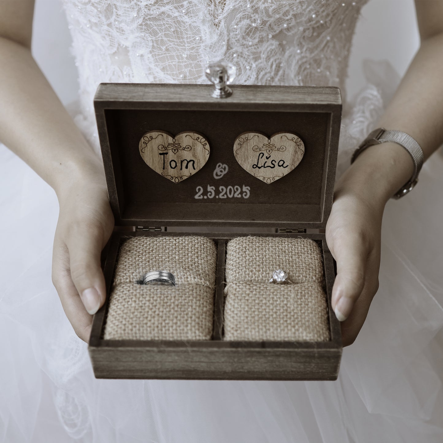 Personalized Wedding Ring Box,Wedding Ceremony Square Ring Box,Bridal Gift For Her,Couple Anniversary Gift,Proposal or Engagement Ring Box Gift