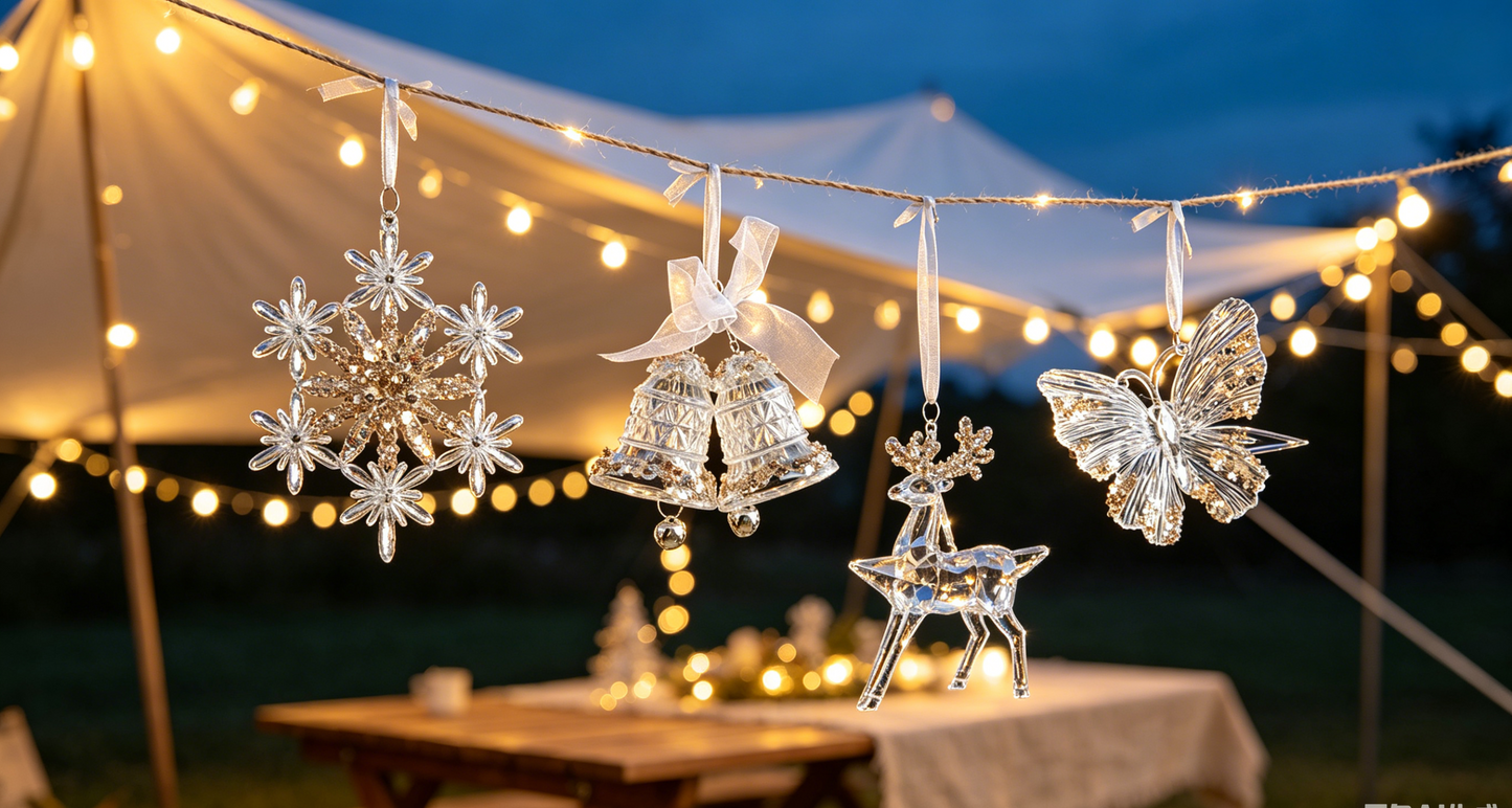 Clear Acrylic Christmas Ornaments with Champagne Gold Sequin, 6 Styles Faux Crystal Hanging Decor with White Ribbon, Snowflake Tree Reindeer Butterfly Xmas Tree Decor