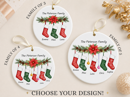 Personalized Family of 4 Christmas Ceramic Ornament, Custom Family Name Stocking Ornament with Watercolor Poinsettia Pine Design, Custom Keepsake Xmas Tree Decor with Gold Hanging Cord, Family Holiday Gift