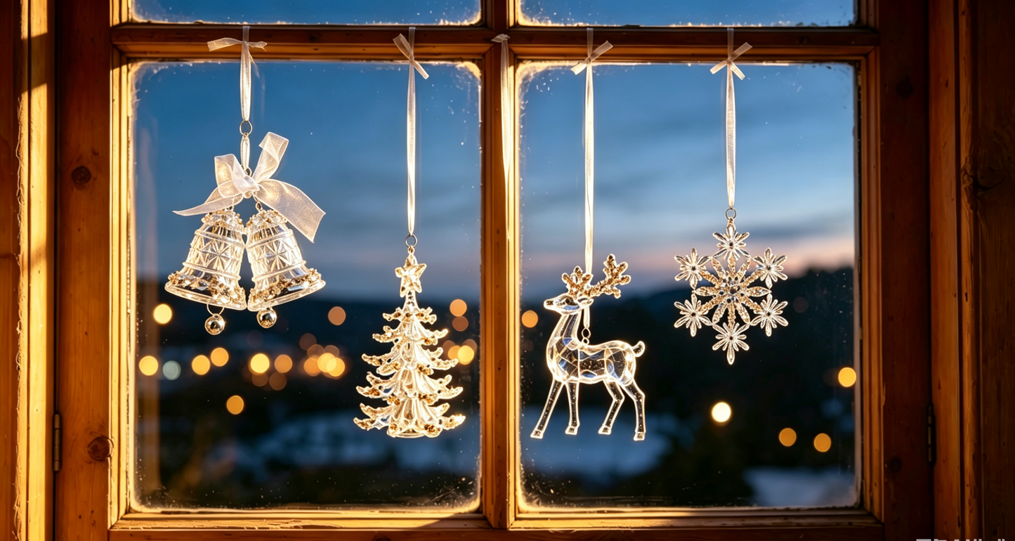 Clear Acrylic Christmas Ornaments with Champagne Gold Sequin, 6 Styles Faux Crystal Hanging Decor with White Ribbon, Snowflake Tree Reindeer Butterfly Xmas Tree Decor