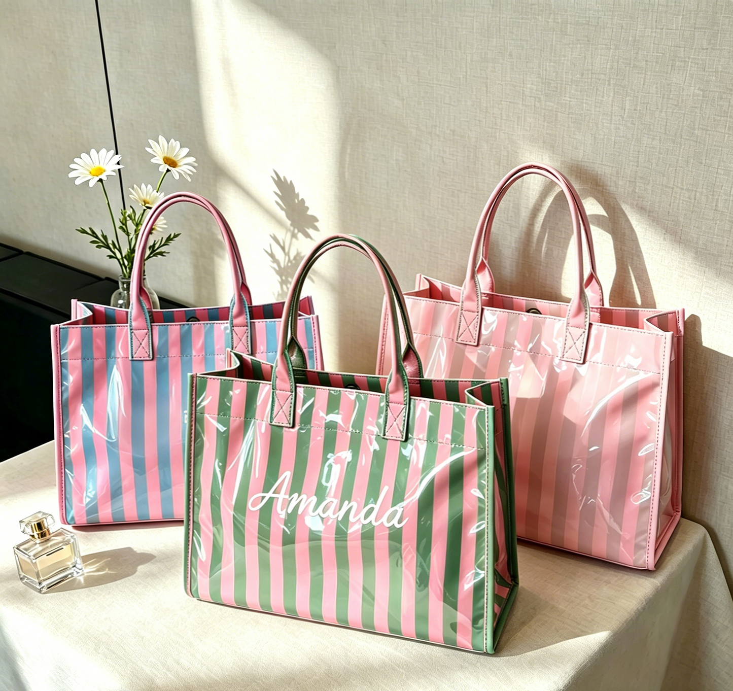 Retro Pink Dark Green Vertical Stripe PVC Tote Bag, Glossy Clear Vinyl Waterproof Shopper Bag, Structured Stand Up Top Handle Handbag, Y2K Preppy Beach Casual Shopping Bag