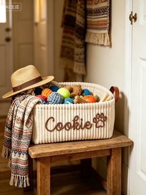 Cream Plush Corduroy Storage Basket with Faux Leather Handles |  Neutral Home Organizer Bin | Boho Nursery and Closet Storage