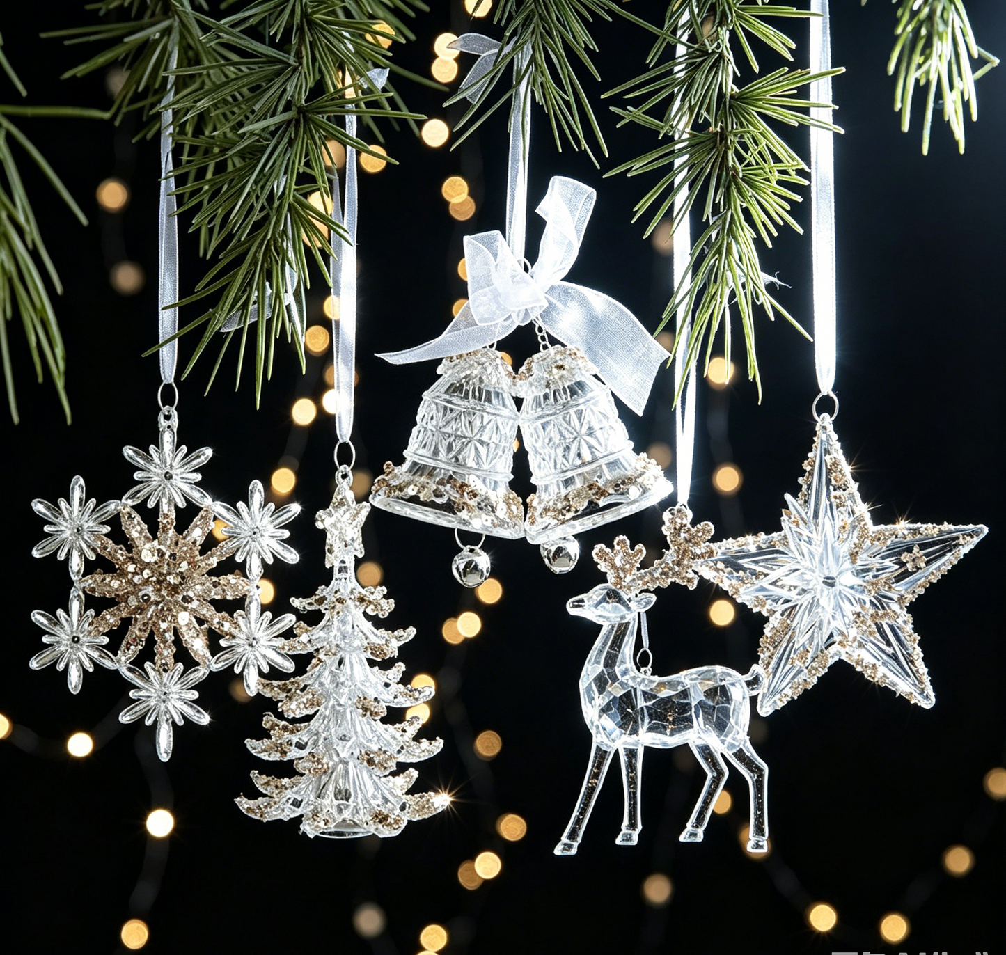 Clear Acrylic Christmas Ornaments with Champagne Gold Sequin, 6 Styles Faux Crystal Hanging Decor with White Ribbon, Snowflake Tree Reindeer Butterfly Xmas Tree Decor