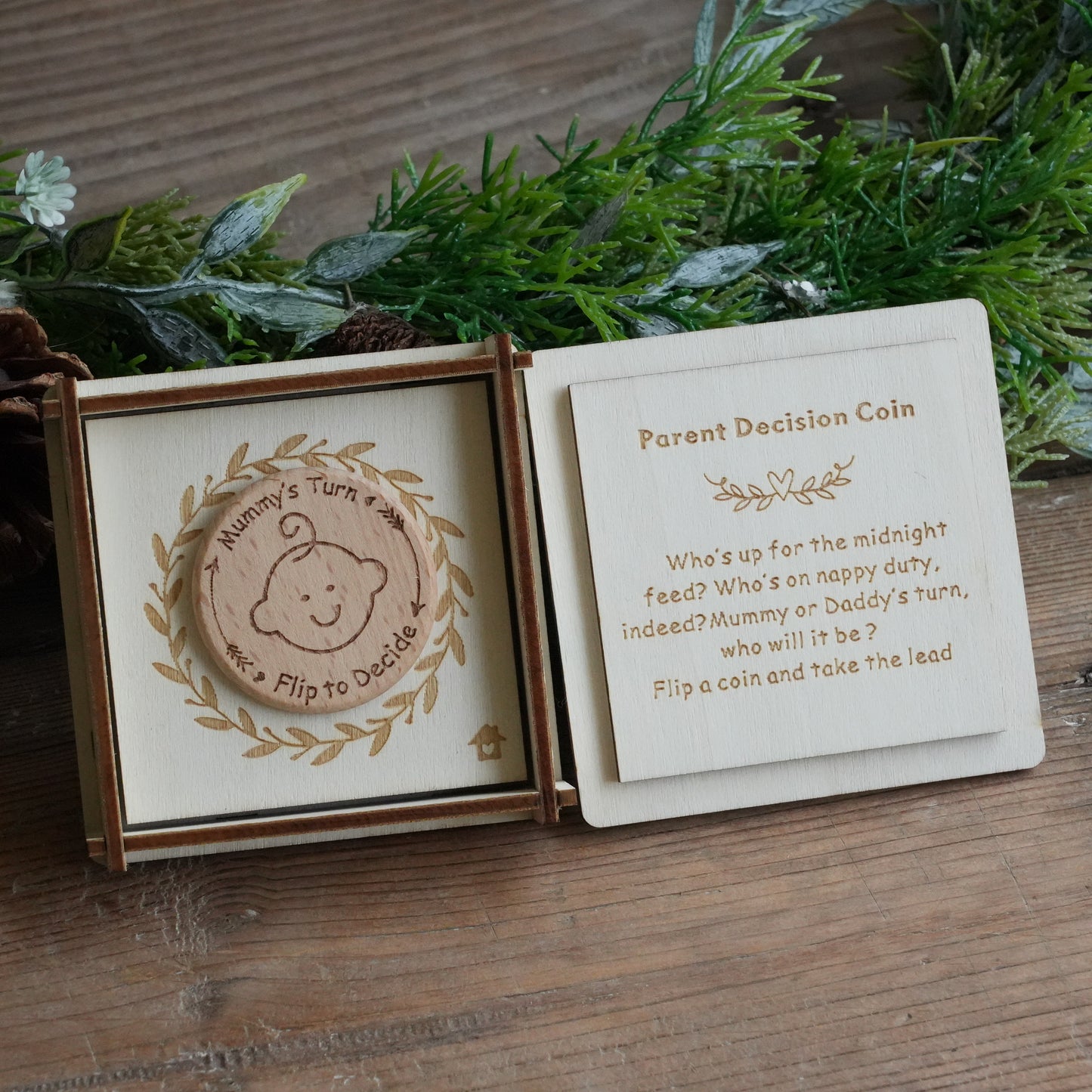 Custom Baby Decision Coin With Wooden Box And Card,New Parent Decision Coin,Baby Shower Gift, Fun Flip Token Gift For Parents