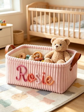 Cream Plush Corduroy Storage Basket with Faux Leather Handles |  Neutral Home Organizer Bin | Boho Nursery and Closet Storage