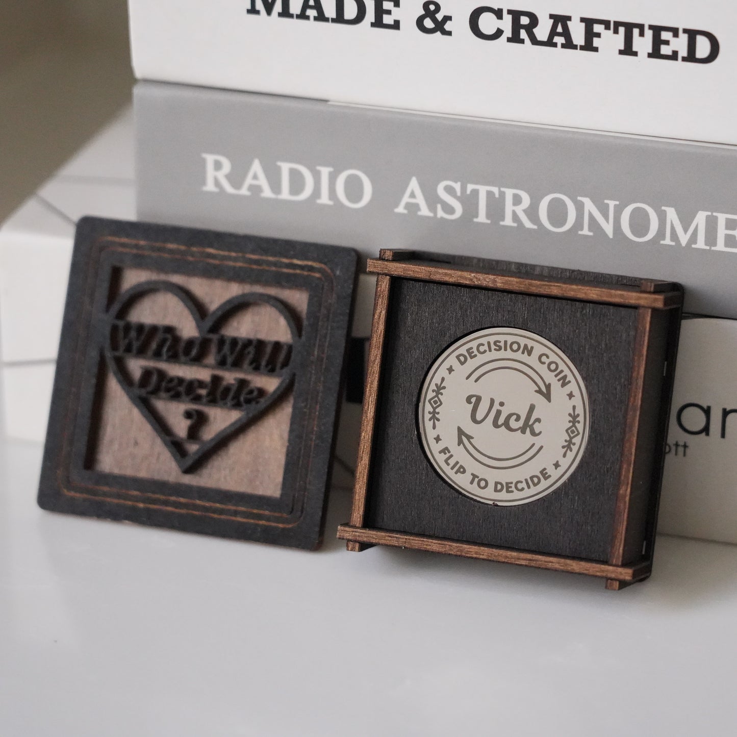 Personalized Modern Decision Coin With Wooden Box,Custom Engraved Brass Coin for Him or Her, Flip To Decide Coin Couples Coin
