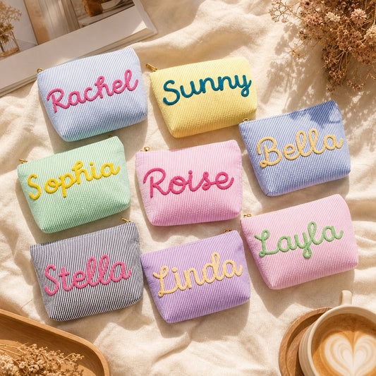 Custom Makeup Bag,Seersucker Cosmetic Pouch, Chenille Name Makeup Bag,Bag For Travelling, Gifts For Girlfriend