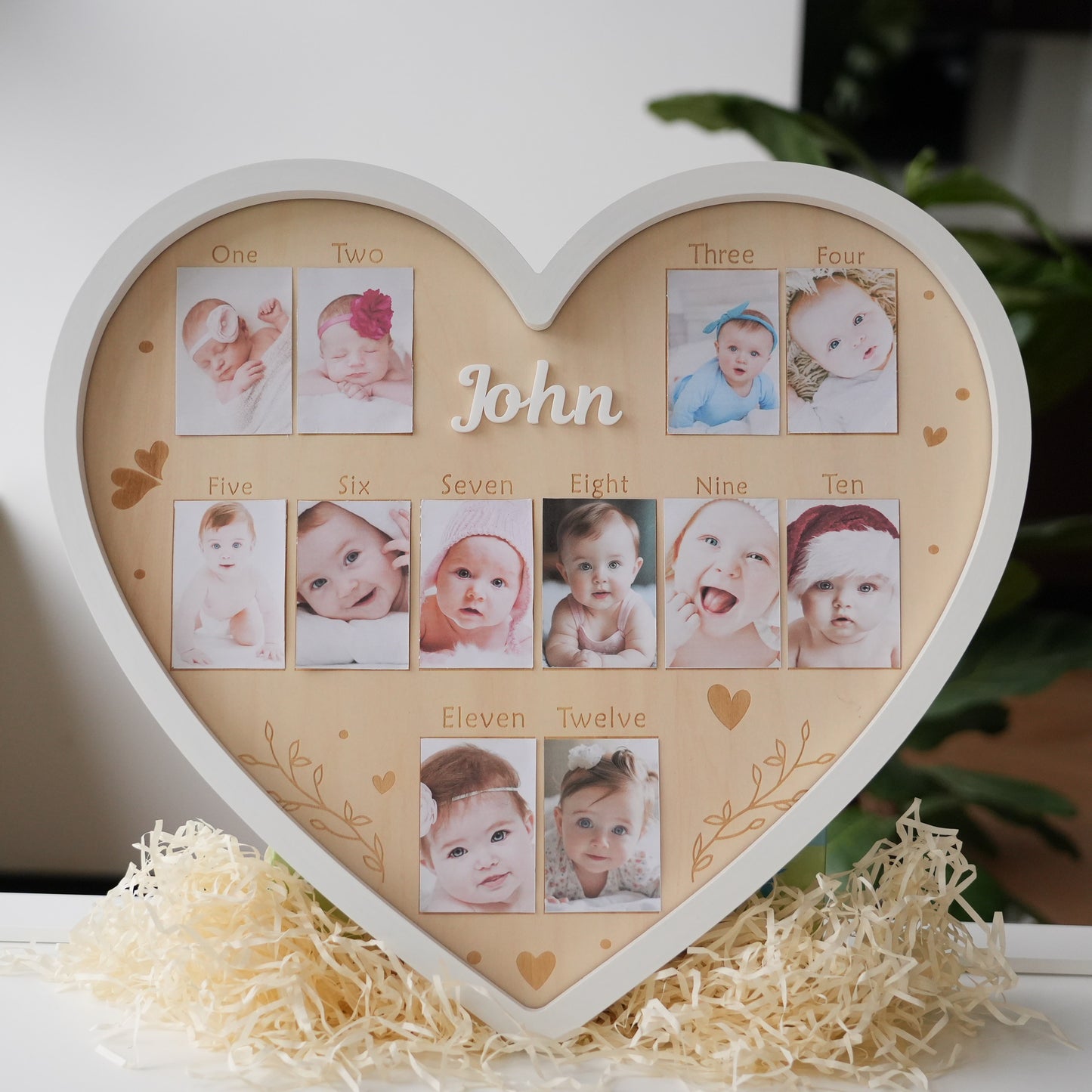 Personalized Baby 12 Monthly Photo Frame,Wooden Heart Photo Frame,Monthly Newborn Pictures, Wall Hanging,Baby First Year Picture Frame