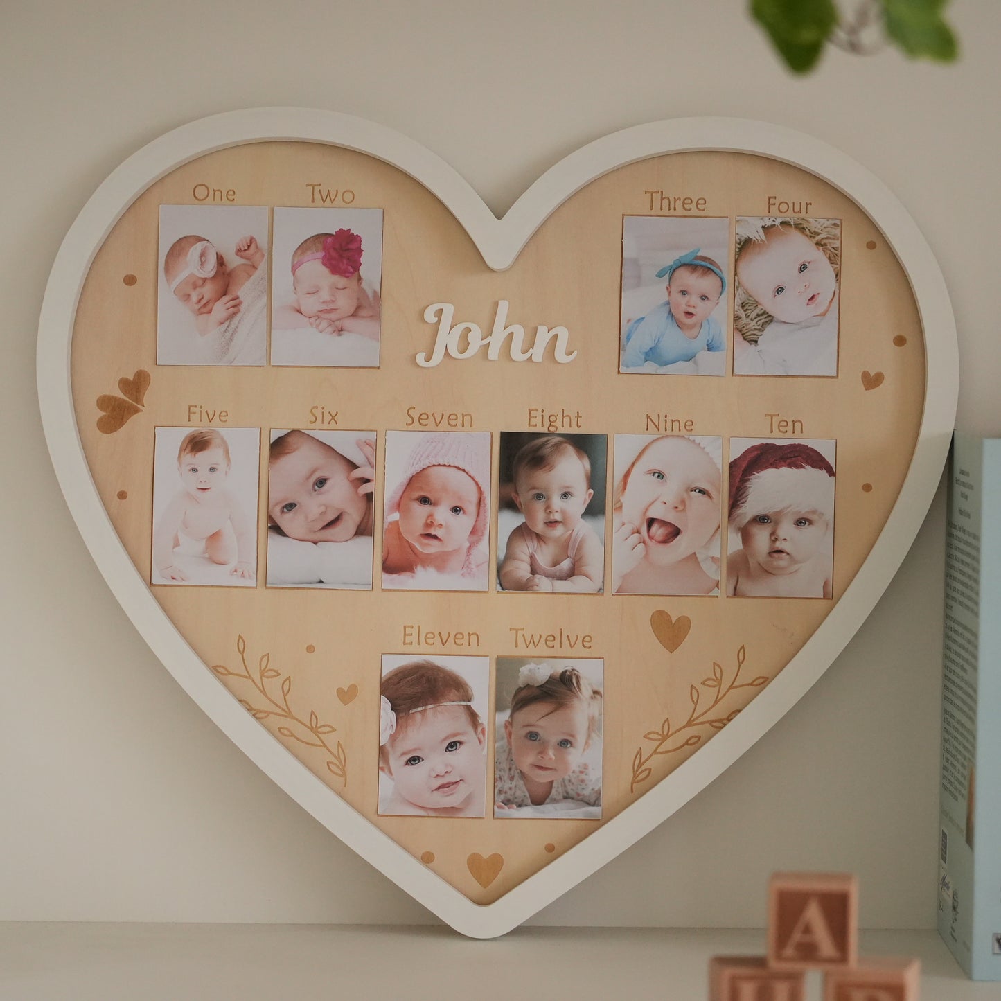Personalized Baby 12 Monthly Photo Frame,Wooden Heart Photo Frame,Monthly Newborn Pictures, Wall Hanging,Baby First Year Picture Frame