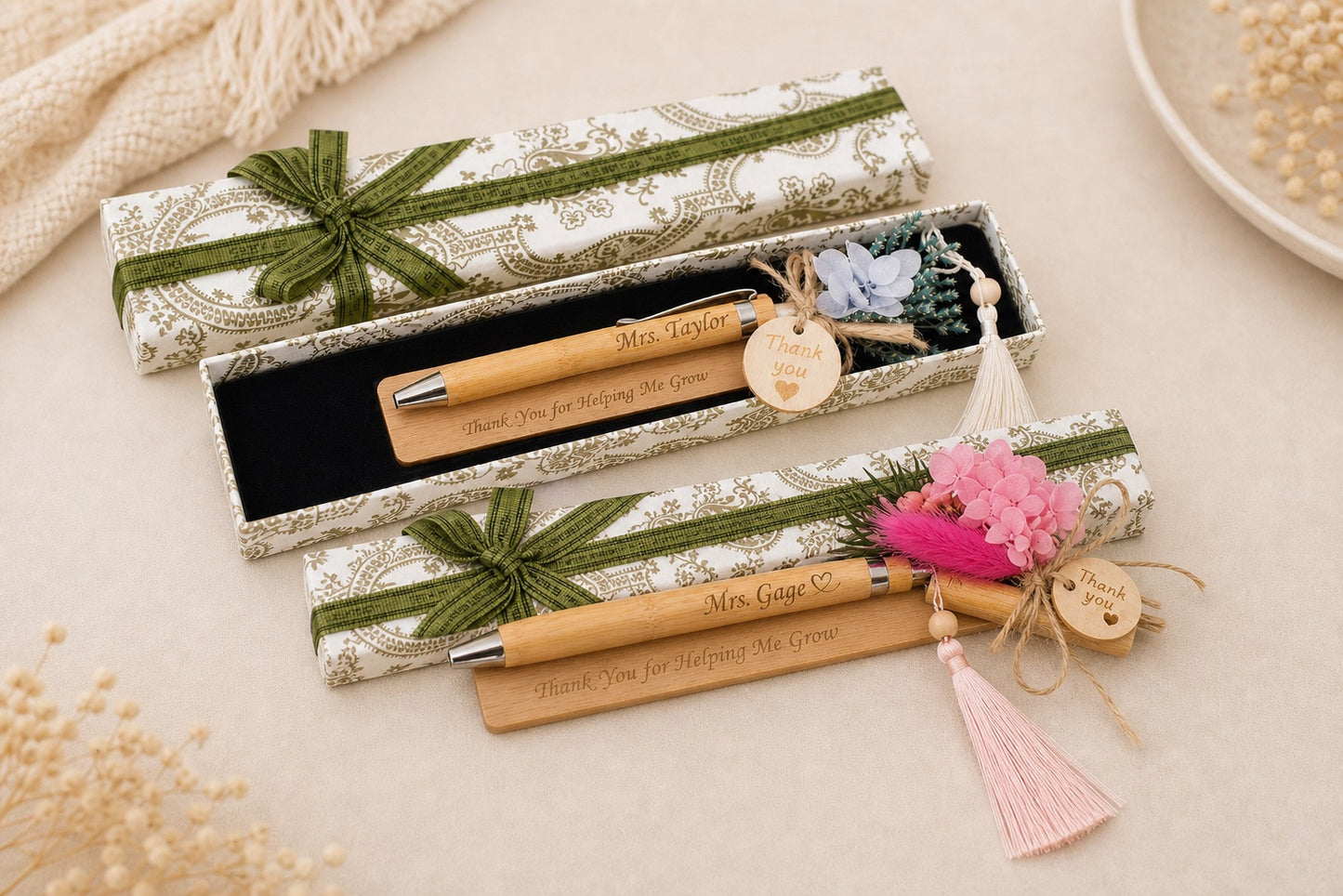 Custom Engraved Wooden Writing Set | Personalized  Pen & Bookmark, Teacher Thank You Gift  "Thank You for Helping Me Grow", Ready Gift Box