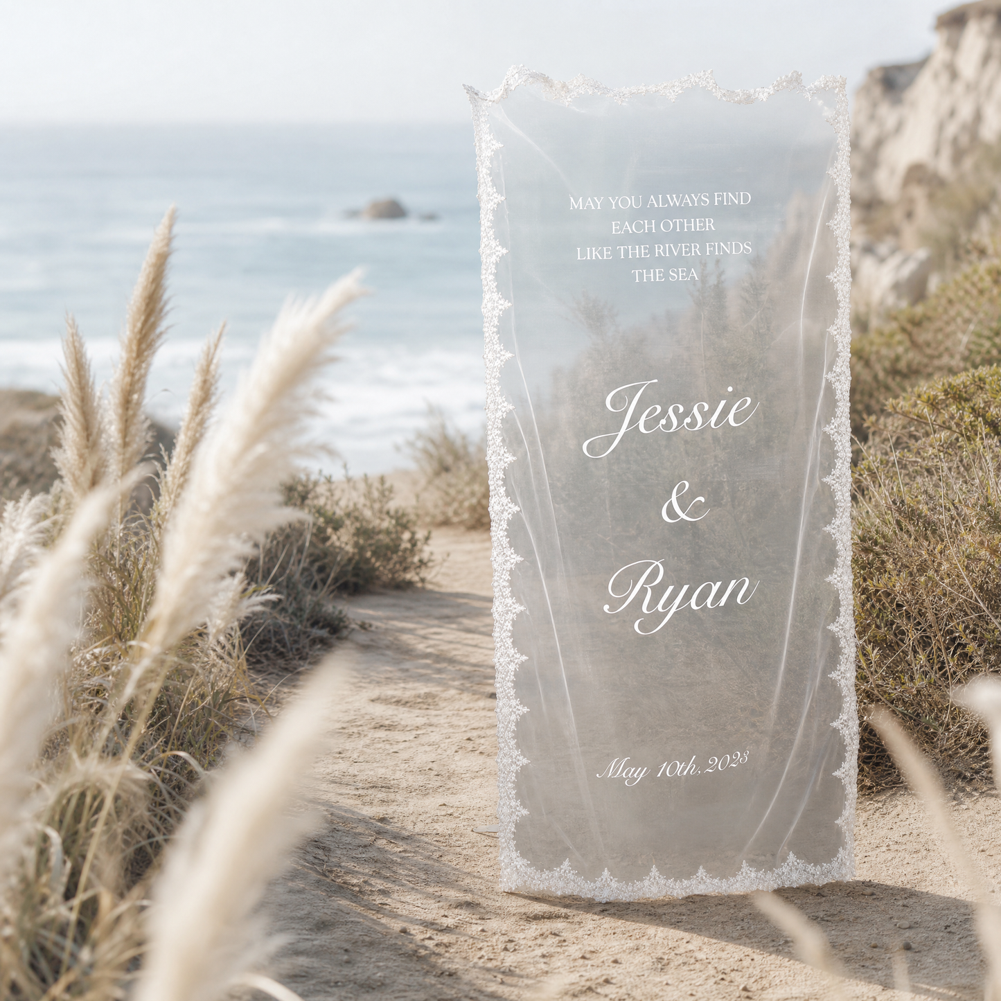 Custom Fabric Welcome Sign, Vintage Tulle Wedding Banner, Dusty Blue Wedding Welcome Sign for Bridal Shower & Engagement Party